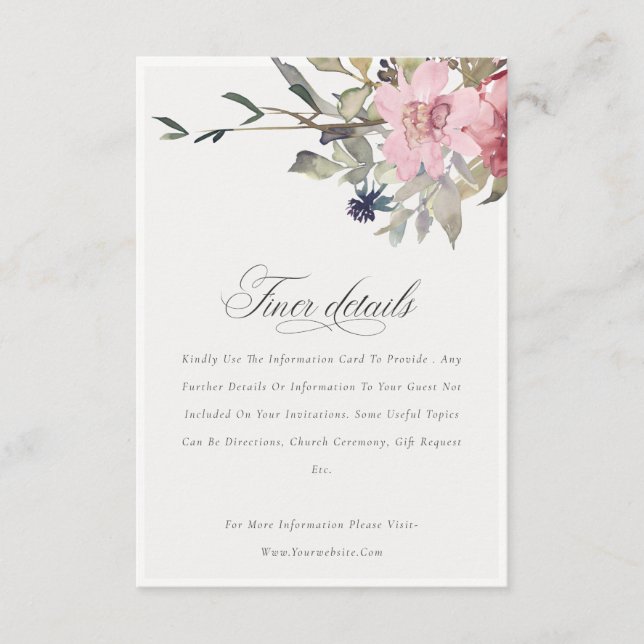 Tarjeta De Recepción Elegante Boda floral Dusky Rubor Rosa detalles (Anverso)