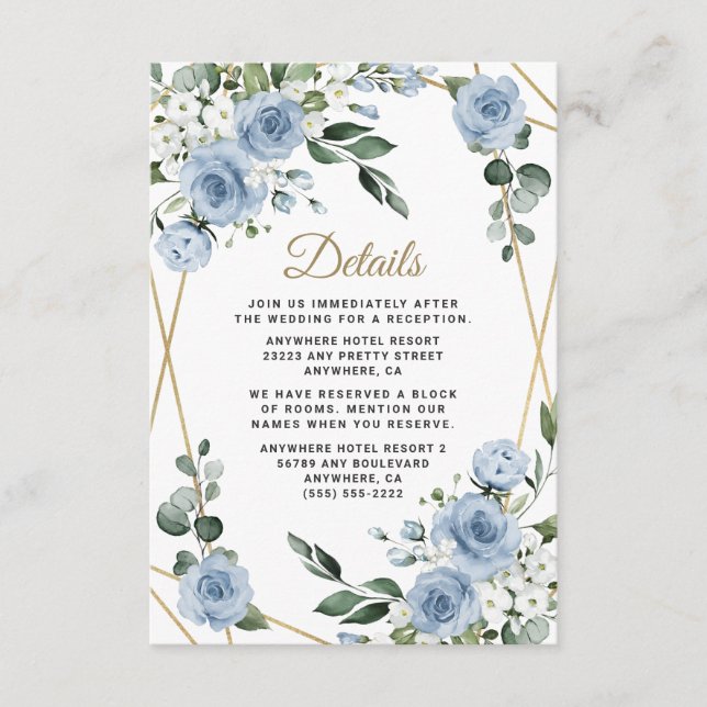 Tarjeta De Recepción Elegante Boda floral floral azul y dorado (Anverso)