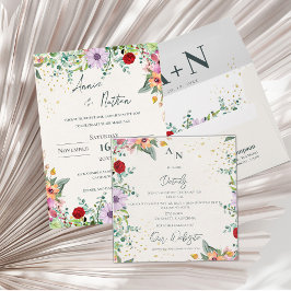 Tarjeta De Recepción Elegante Boda Floral Monograma Floral