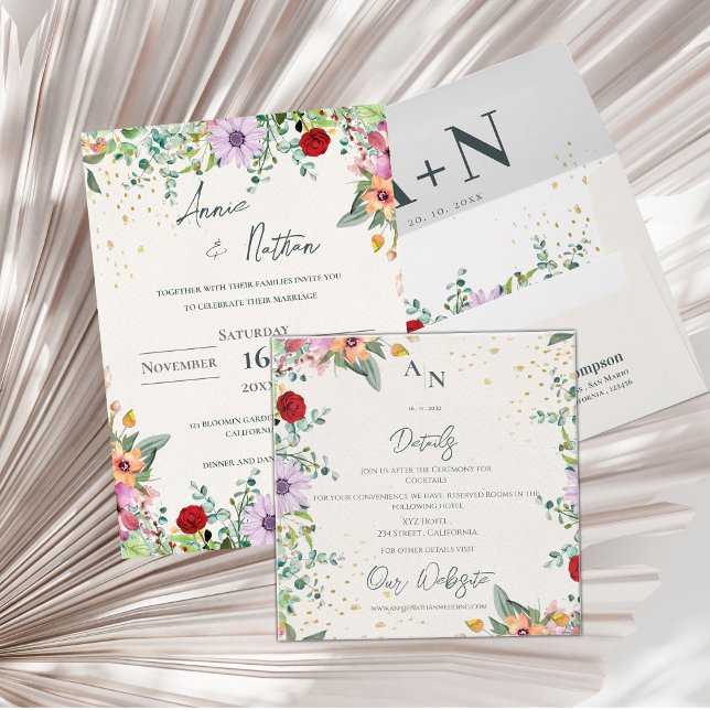 Tarjeta De Recepción Elegante Boda Floral Monograma Floral (Elegant Wildflower Monogram Floral Wedding Details Enclosure Card)