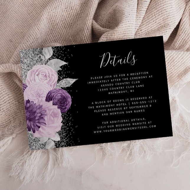 Tarjeta De Recepción Elegante Boda Floral Morado Plata Negro Detalles (Subido por el creador)