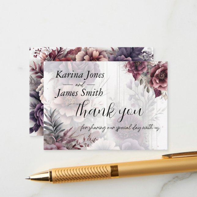 Tarjeta De Recepción Elegante Boda floral morado, rosa y marrón (Anverso/Reverso In Situ)