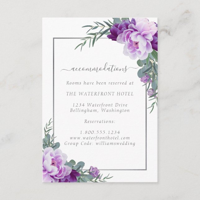 Tarjeta De Recepción Elegante Boda floral morado y plateado (Anverso)