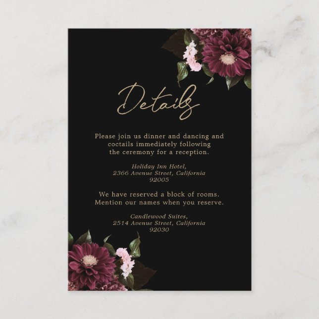 Tarjeta De Recepción Elegante Boda floral negro de Borgoña (Anverso)