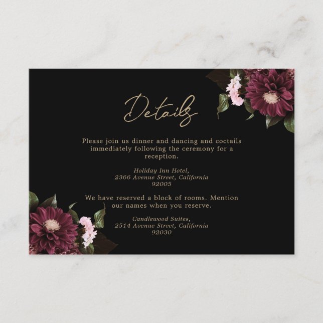 Tarjeta De Recepción Elegante Boda floral negro de Borgoña (Anverso)