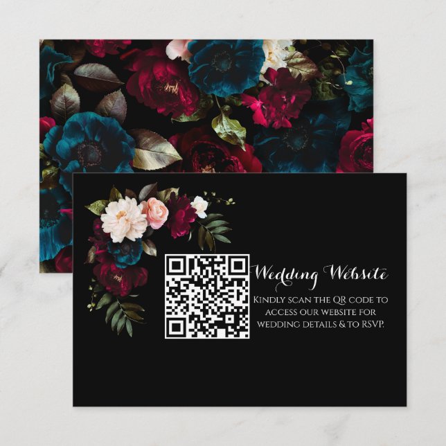 Tarjeta De Recepción Elegante Boda floral negro sitio web código QR (Anverso / Reverso)
