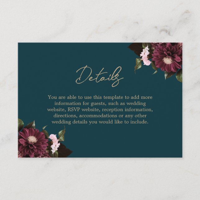 Tarjeta De Recepción Elegante Boda floral oscuro Verde azulado de Borgo (Anverso)