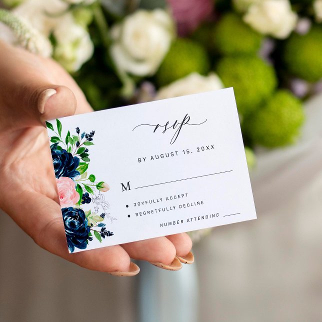 Tarjeta De Recepción Elegante boda floral rosa de la marina RSVP (Subido por el creador)