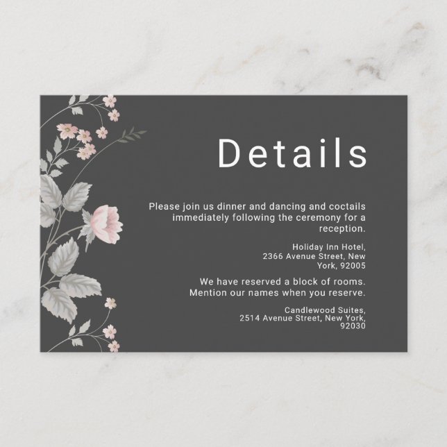 Tarjeta De Recepción Elegante Boda floral rosa y gris oscuro de Rubor (Anverso)