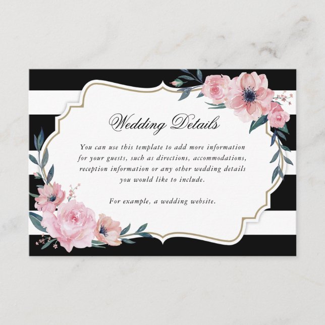 Tarjeta De Recepción Elegante Boda floral rosado a rayas negras (Anverso)