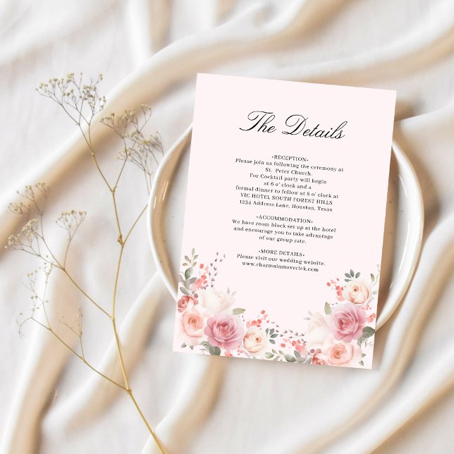 Tarjeta De Recepción Elegante Boda floral Rubor rosa Detalles (Subido por el creador)