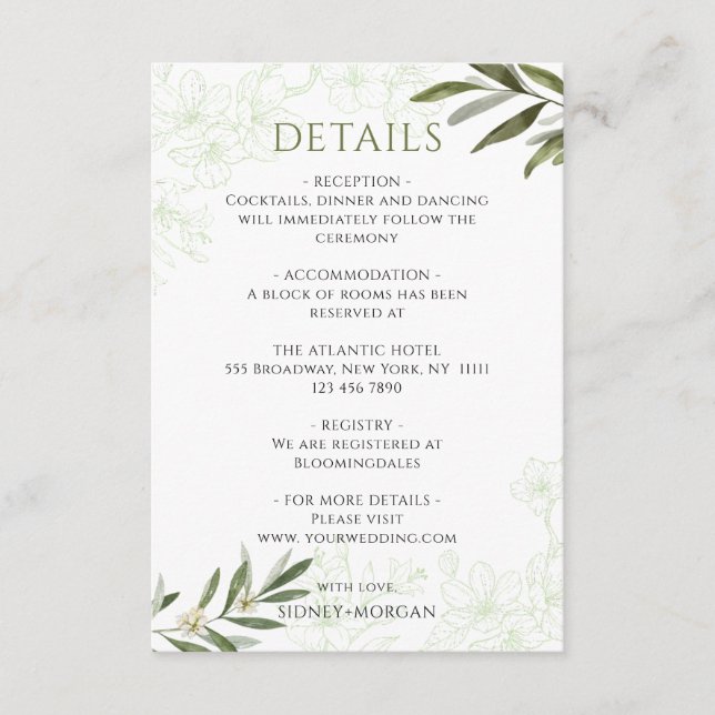 Tarjeta De Recepción Elegante Boda Floral Sage Green Olives (Anverso)