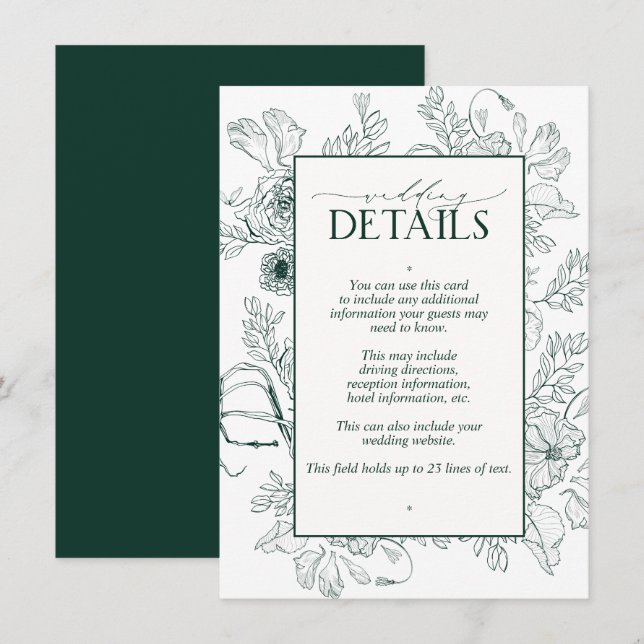 Tarjeta De Recepción Elegante Boda floral verde esmeralda detalles (Anverso / Reverso)