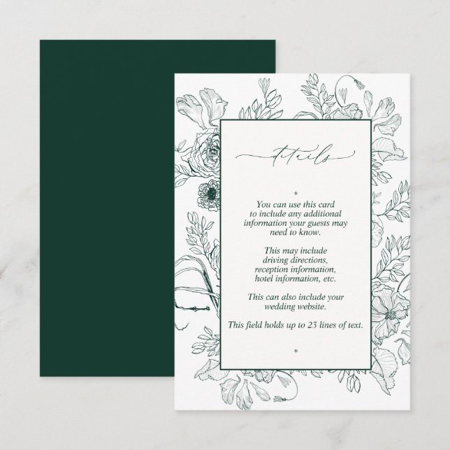 Tarjeta De Recepción Elegante Boda floral verde esmeralda detalles (Anverso / Reverso)