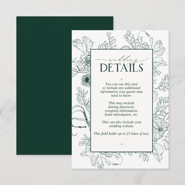 Tarjeta De Recepción Elegante Boda floral verde esmeralda detalles (Anverso / Reverso)