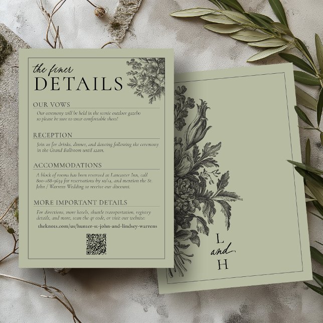Tarjeta De Recepción Elegante Boda floral verde sabio (Elegant sage green vintage floral romantic garden minimalist QR code wedding invitation Details card)