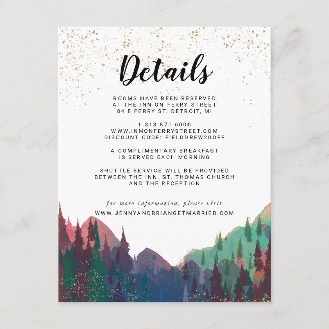 Tarjeta De Recepción Elegante Boda Gold Mountain Detalles del invitado (Anverso)
