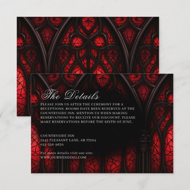 Tarjeta De Recepción Elegante Boda gótico de la Catedral Roja y Negra (Anverso / Reverso)