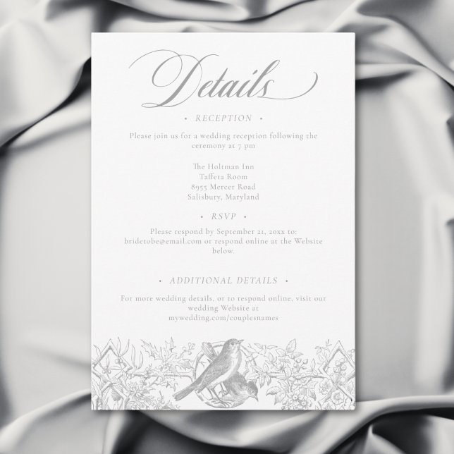 Tarjeta De Recepción Elegante Boda Gris Chinoiserie Naturaleza y Aves (Elegant Gray Chinoiserie Nature & Birds Wedding Enclosure Card)