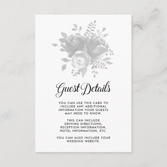 Tarjeta De Recepción Elegante Boda Gris Floral Detalles del huésped (Anverso)