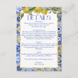Tarjeta De Recepción Elegante Boda italiano de mosaico azul Lemons Citr