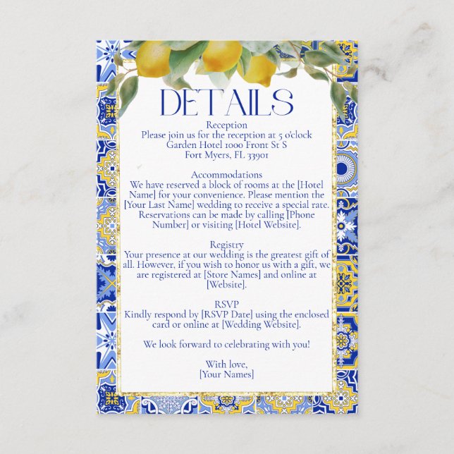Tarjeta De Recepción Elegante Boda italiano de mosaico azul Lemons Citr (Anverso)