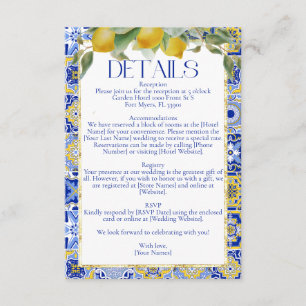 Tarjeta De Recepción Elegante Boda italiano de mosaico azul Lemons Citr