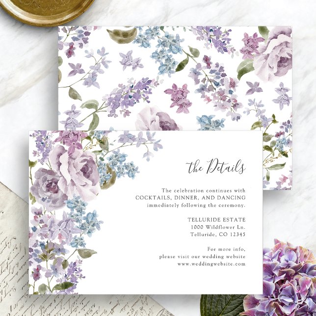 Tarjeta De Recepción Elegante Boda Lilac (Elegant Lilac Floral Wedding Details Enclosure Card by Painted Paperie
)