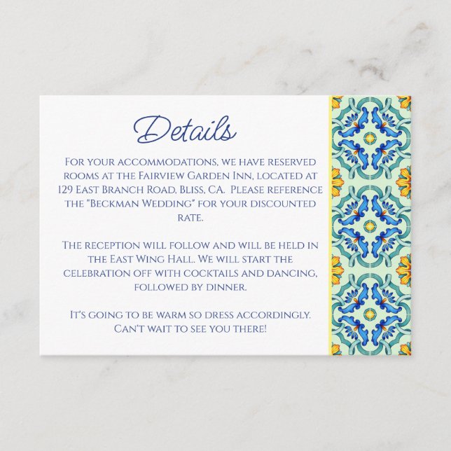 Tarjeta De Recepción Elegante Boda mediterráneo en mosaico azul y amari (Anverso)