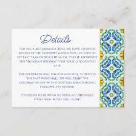 Tarjeta De Recepción Elegante Boda mediterráneo en mosaico azul y amari