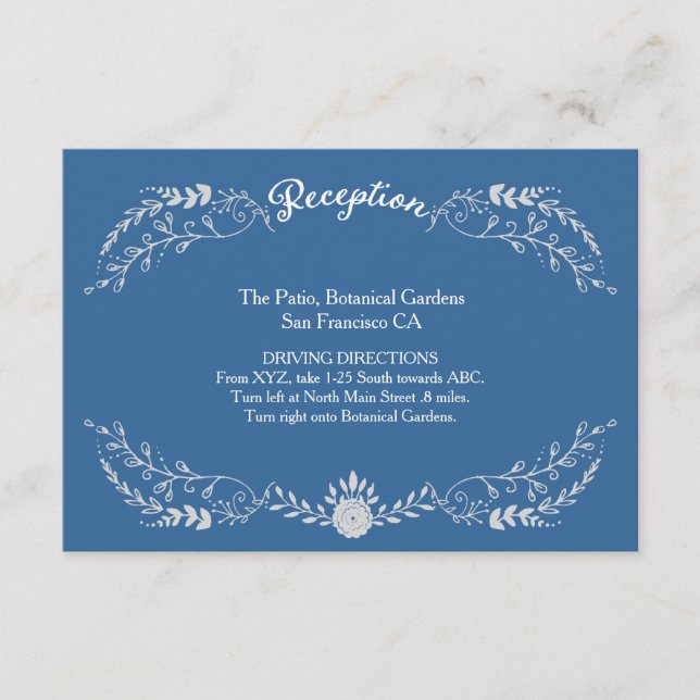 Tarjeta De Recepción Elegante Boda monocromático de guirnalda azul y pl (Anverso)