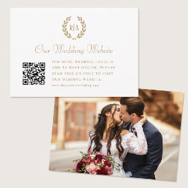 Tarjeta De Recepción Elegante Boda Monograma QR Código Blanco Oro