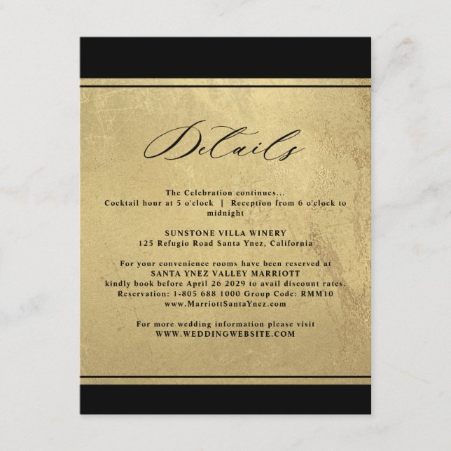 Tarjeta De Recepción Elegante Boda negro y dorado Gabinete C (Anverso)