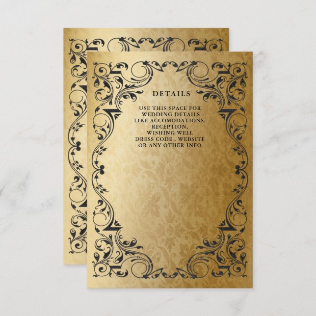 Tarjeta De Recepción Elegante Boda Ornamental de Oro Negro Detalles (Anverso / Reverso)