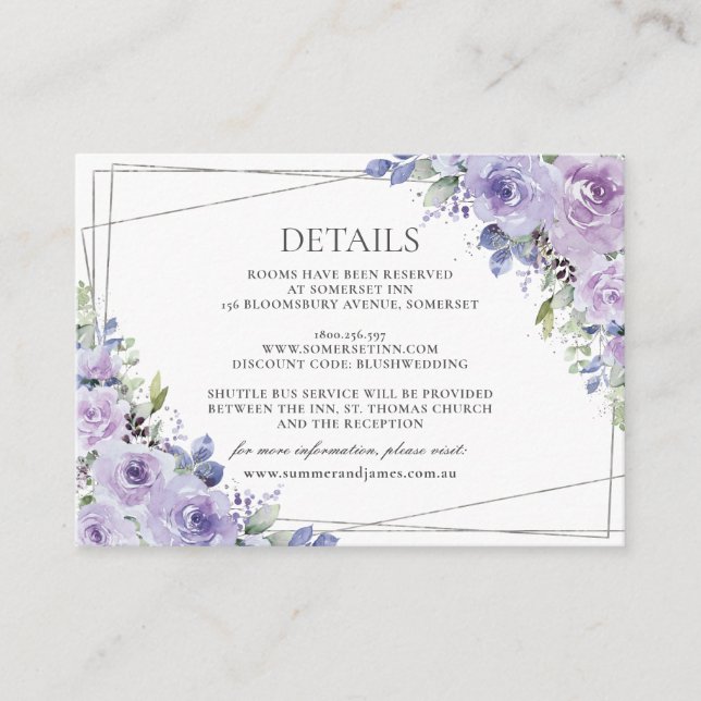 Tarjeta De Recepción Elegante Boda Purple Lilac Floral Silver Detalles (Anverso)