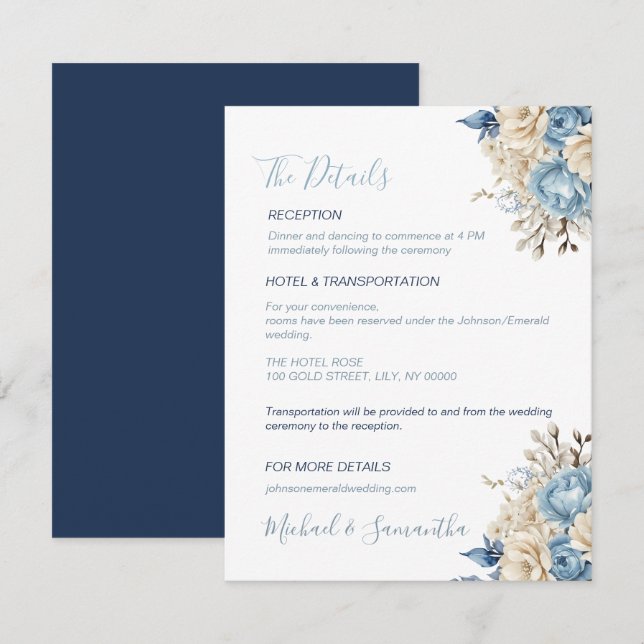 Tarjeta De Recepción Elegante Boda Rosa azul e marfil (Anverso / Reverso)
