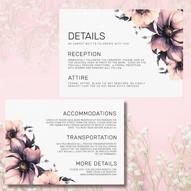 Tarjeta De Recepción Elegante Boda rosa floral (Elegant Floral Pink Wedding Information Details Enclosure Card)