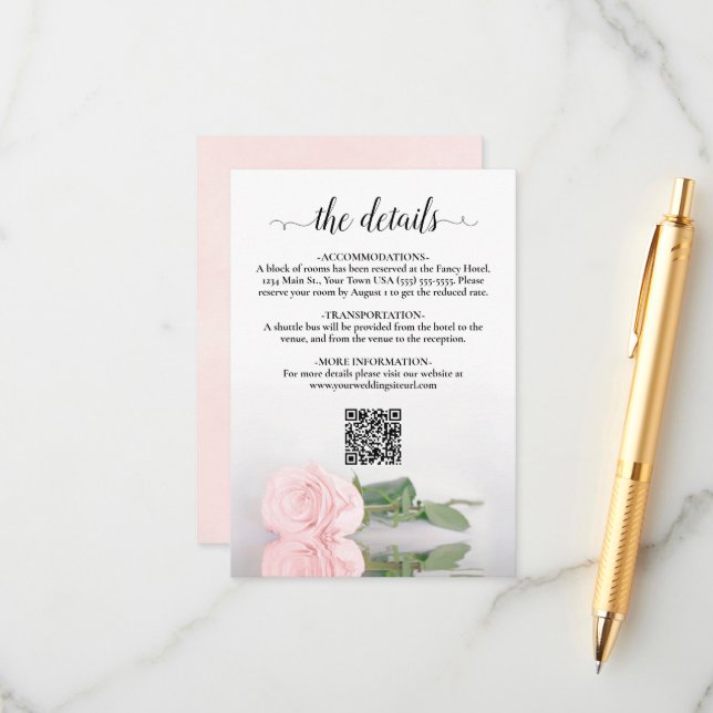 Tarjeta De Recepción Elegante Boda rosa rosado de Rubor Detalles del có (Anverso/Reverso In Situ)