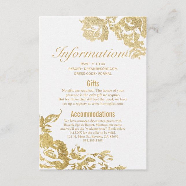 Tarjeta De Recepción Elegante Boda Rosa simple y moderno Floral Gold (Anverso)