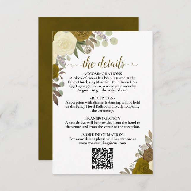 Tarjeta De Recepción Elegante Boda Rosas de oro amarillo detalles códig (Anverso / Reverso)