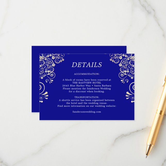 Tarjeta De Recepción Elegante Boda Royal Blue Gold Detalles (Anverso/Reverso In Situ)