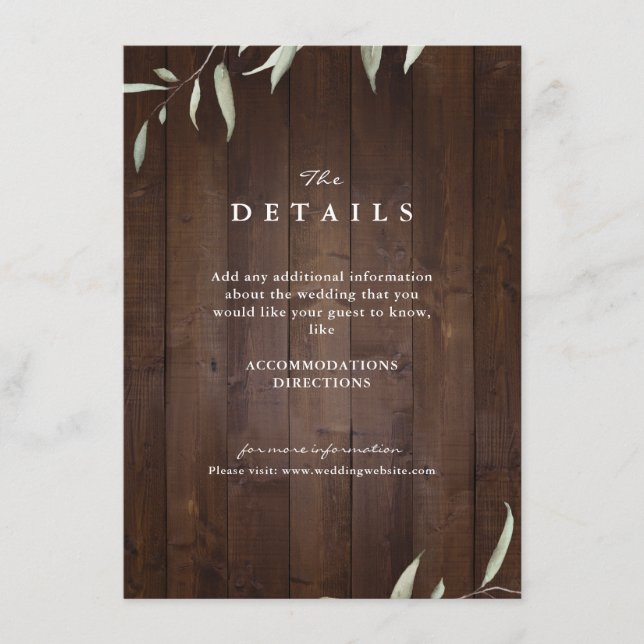 Tarjeta De Recepción Elegante boda rústico de campo de madera verde (Anverso)