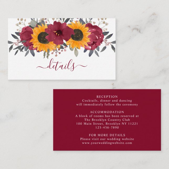 Tarjeta De Recepción Elegante Boda Rústico De Girasol Floral Borgoña (Anverso / Reverso)