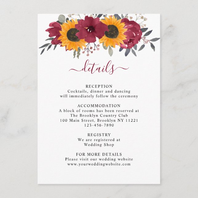 Tarjeta De Recepción Elegante Boda Rústico De Girasol Floral Borgoña (Anverso)