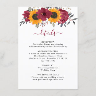 Tarjeta De Recepción Elegante Boda Rústico De Girasol Floral Borgoña