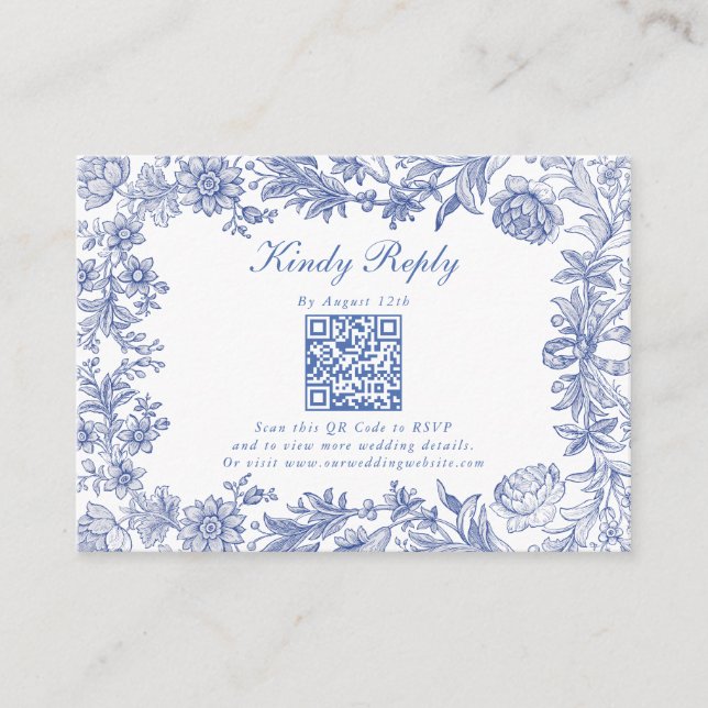 Tarjeta De Recepción Elegante Boda Rústico Rústico Francés Floral Azul (Anverso)