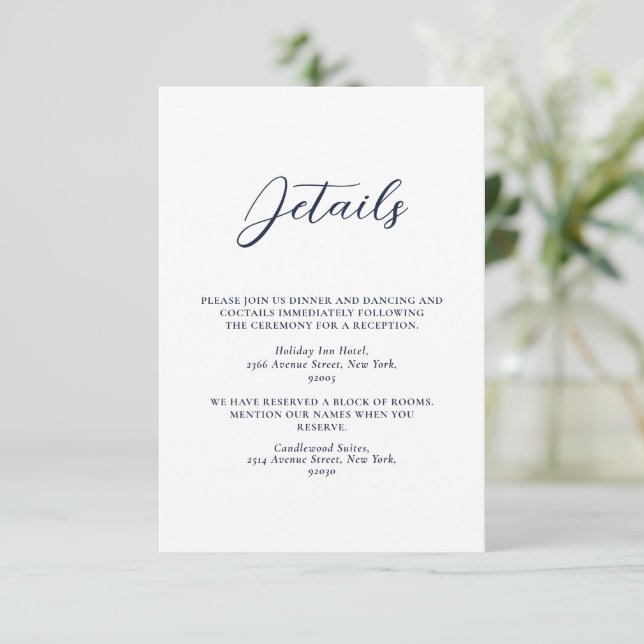 Tarjeta De Recepción Elegante Boda simple azul y blanco de la Marina (Anverso de pie)