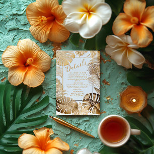 Tarjeta De Recepción Elegante Boda Tropical Dorado Monstera Leaf