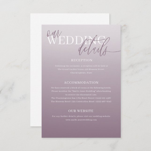 Tarjeta De Recepción Elegante Boda turbio morado detalles (Anverso / Reverso)