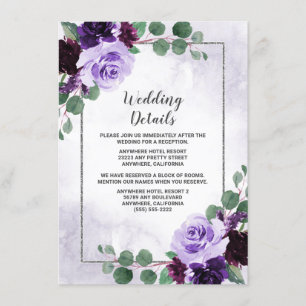 Tarjeta De Recepción Elegante Boho Boho Floral Purple y Silver Boda
